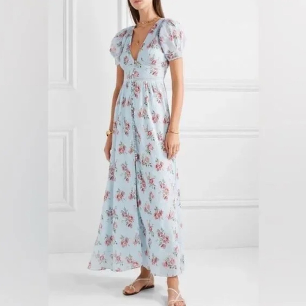 Loveshackfancy Stacey Blue Floral Puff Sleeve Maxi Dress XS